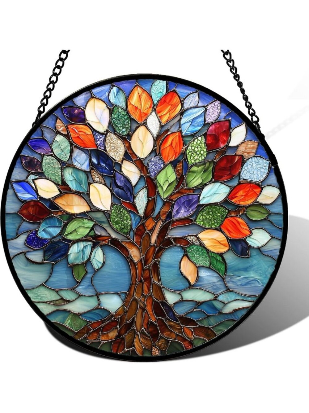 Colorful Tree of Life Stained Glass Window Hanging Suncatcher Decor 14.9x14.9 in